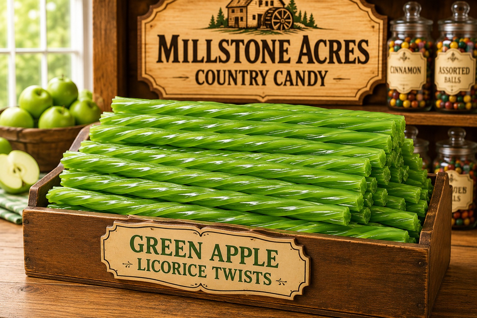 Green Apple Licorice Twists displayed in a rustic country candy shop with Millstone Acres signage