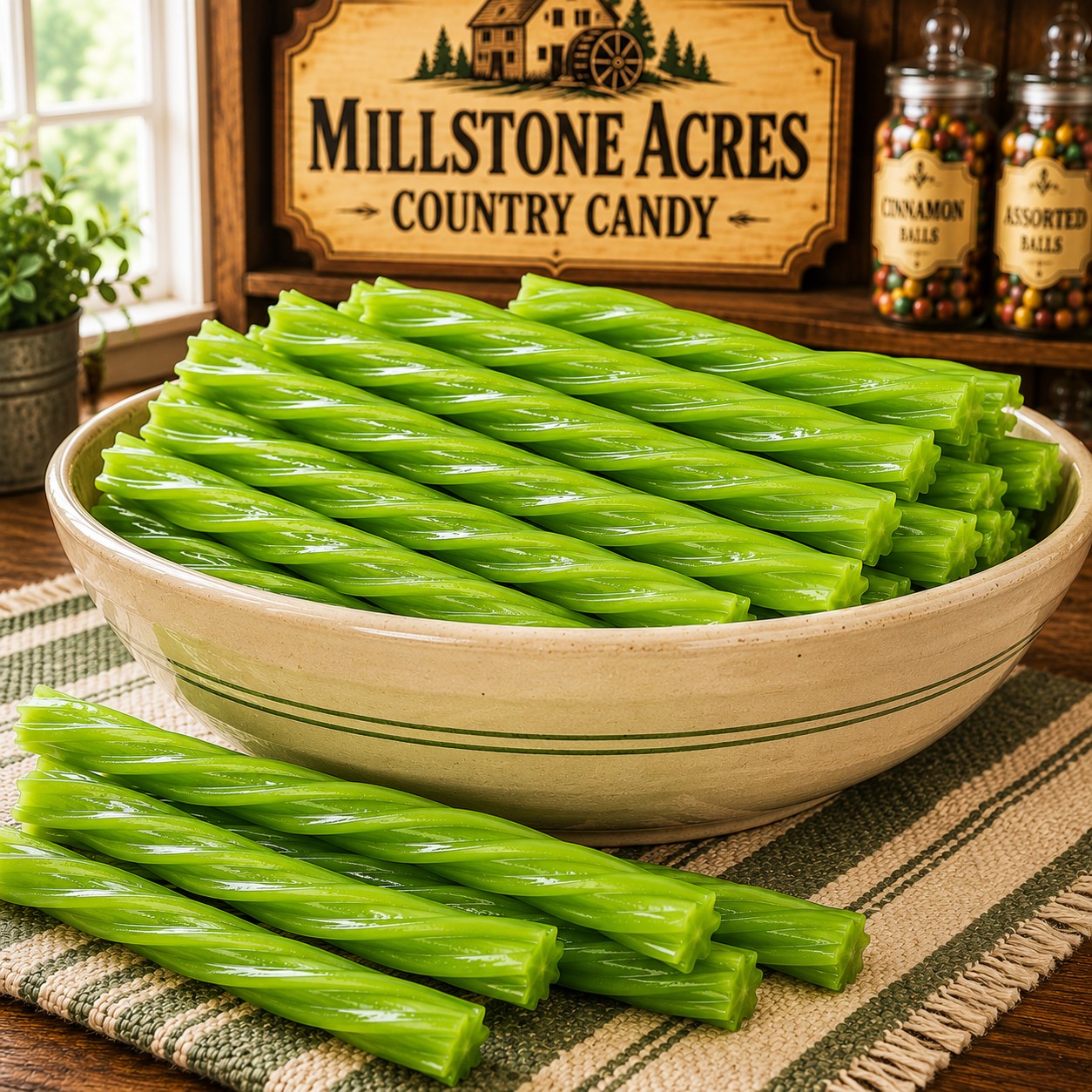 Green Apple Licorice Twists displayed in a cream-colored stoneware candy bowl on a farmhouse table