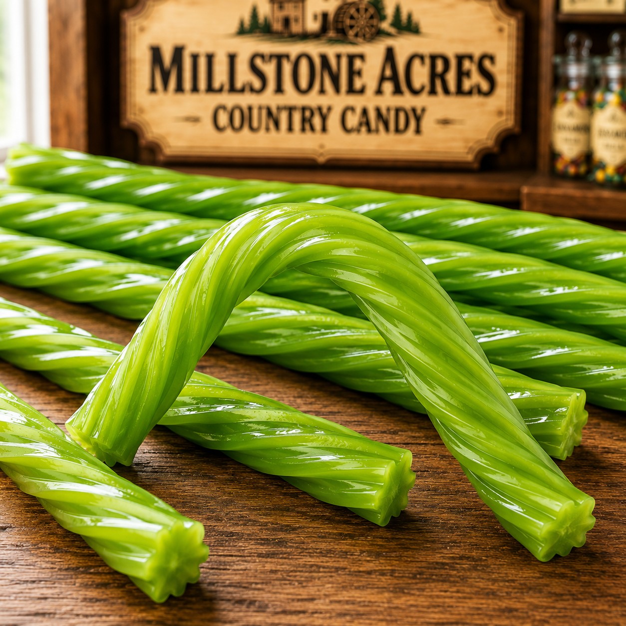 Green Apple Licorice Twists showing their soft chewy texture on a rustic candy-shop counter