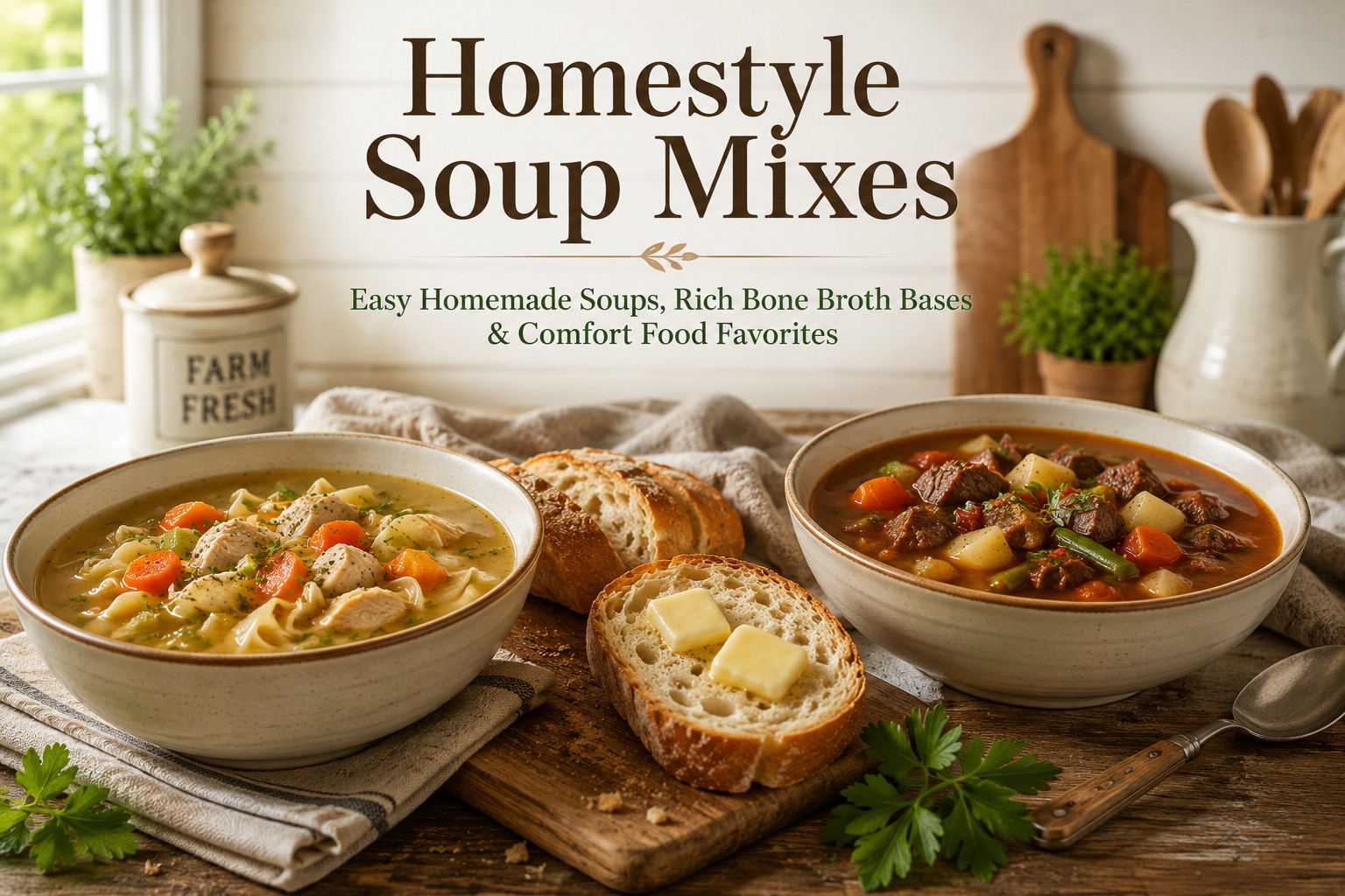 Homestyle Soup Mixes featuring chicken noodle soup, beef vegetable soup, and fresh bread with melting butter.