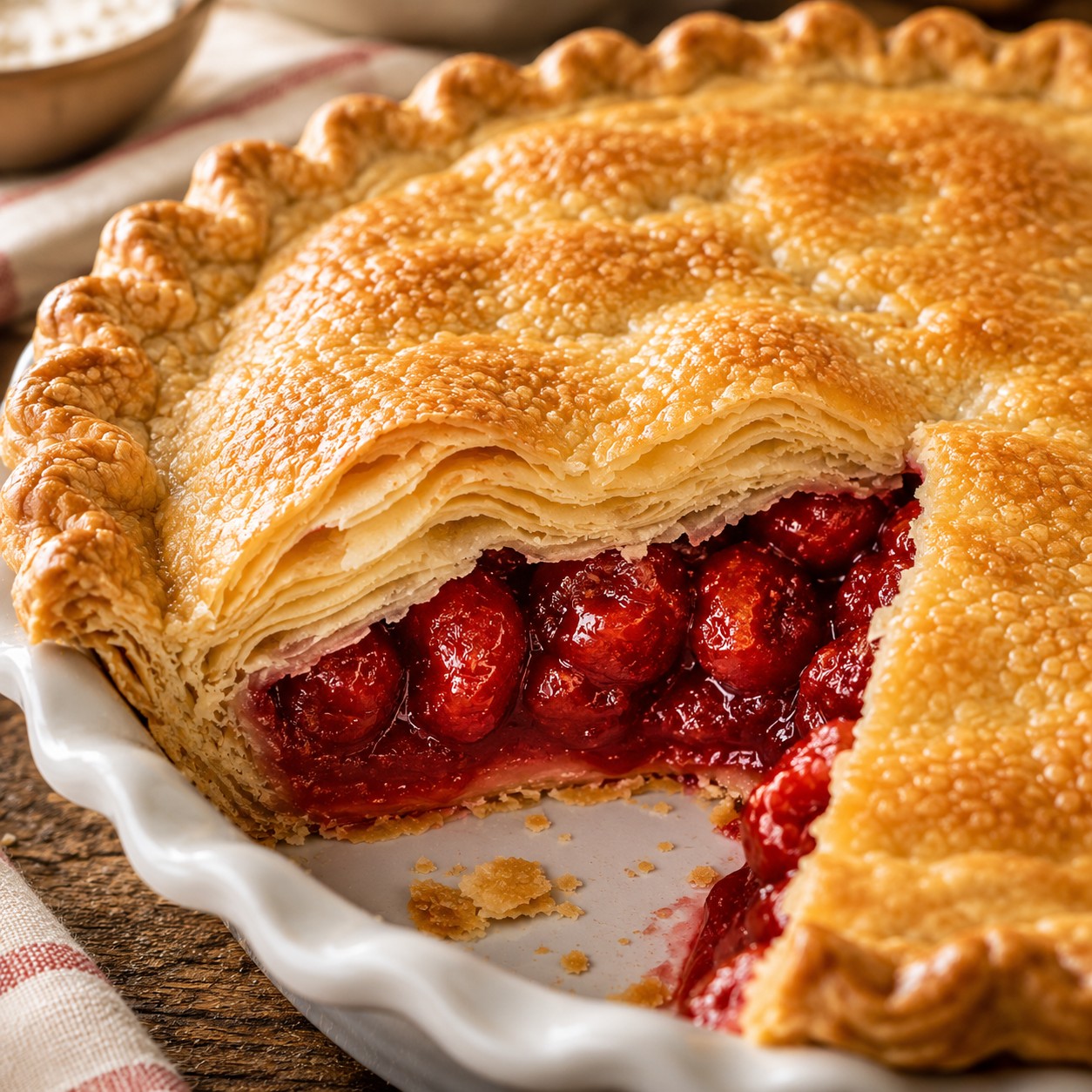 Flaky Sweet Pie Crust Mix baked into a golden homemade pie crust with tender layers