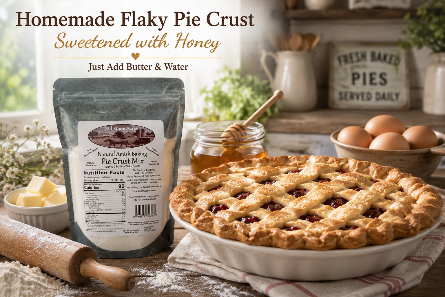 Honey Sweetened Pie Crust Mix beside a homemade lattice pie in a bright farmhouse kitchen