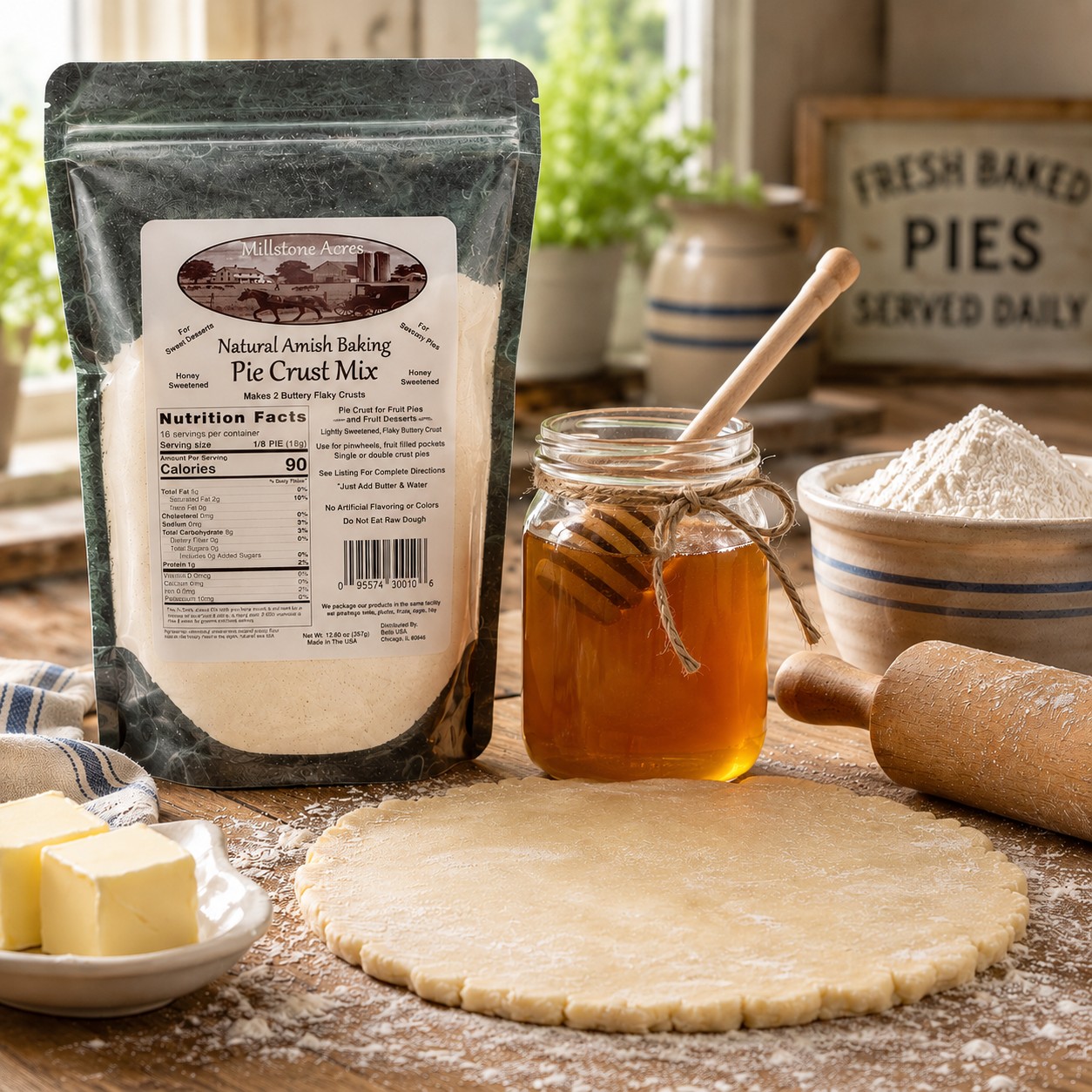 Sweet Pie Crust Mix with honey, rolled pie dough, and baking ingredients in a farmhouse kitchen
