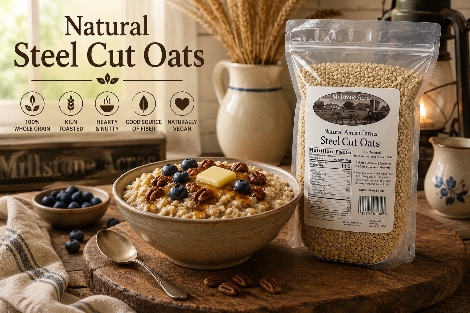 Millstone Acres Natural Steel Cut Oats with a warm bowl of oatmeal topped with blueberries, pecans, butter, and syrup in a rustic farmhouse kitchen.