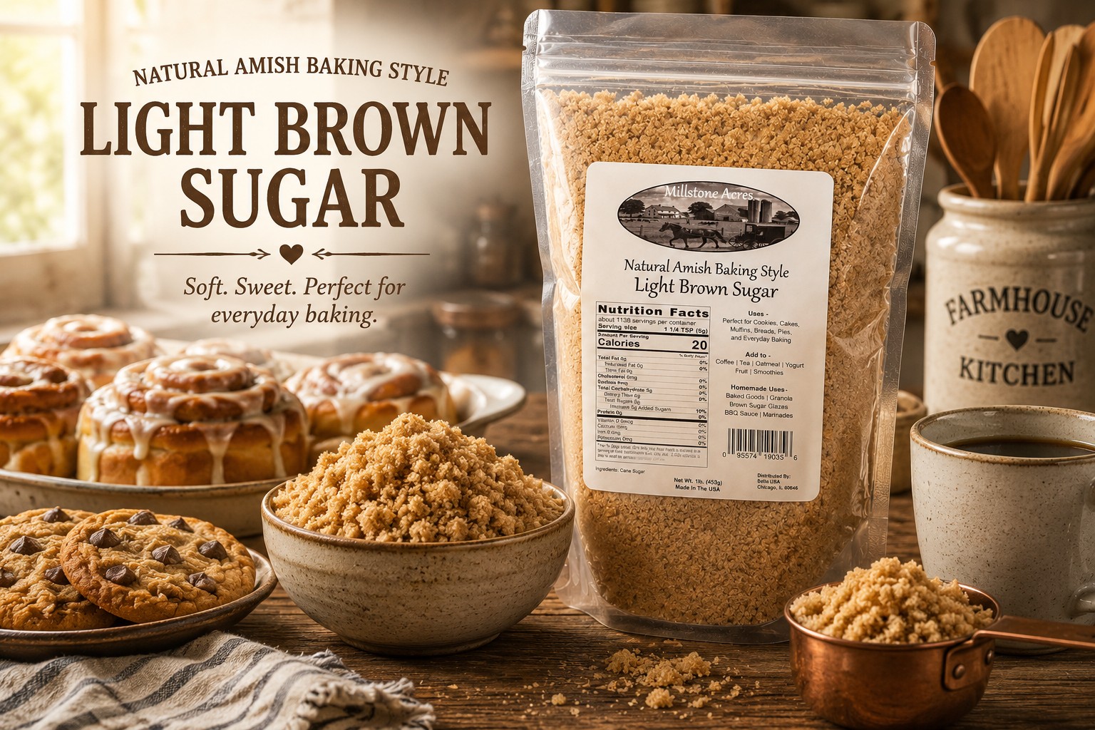 Millstone Acres Light Brown Sugar displayed with homemade cookies, cakes, muffins, cinnamon rolls, and fresh baked desserts in a bright farmhouse kitchen.
