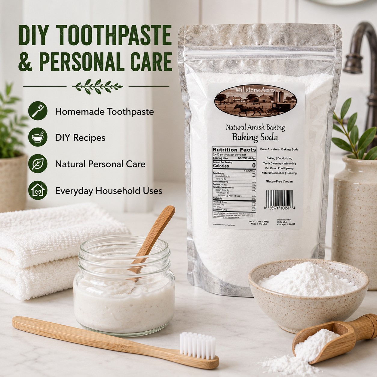 Millstone Acres Natural Baking Soda displayed with homemade toothpaste ingredients, bamboo toothbrush, baking soda powder, and DIY personal care supplies.
