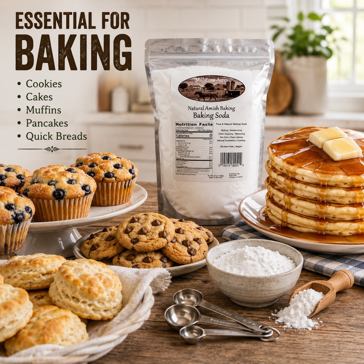Millstone Acres Natural Baking Soda displayed with blueberry muffins, chocolate chip cookies, homemade biscuits, and hot pancakes topped with melting butter and syrup.