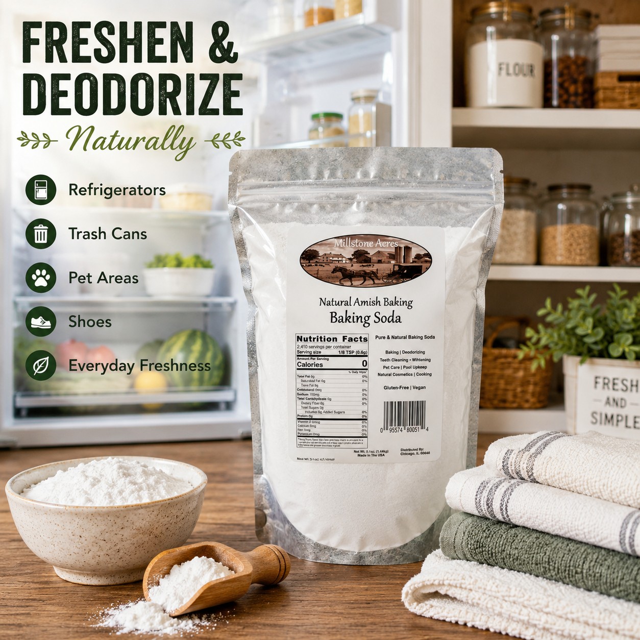 Millstone Acres Natural Baking Soda displayed with an open refrigerator, fresh kitchen towels, baking soda powder, and household freshness applications.