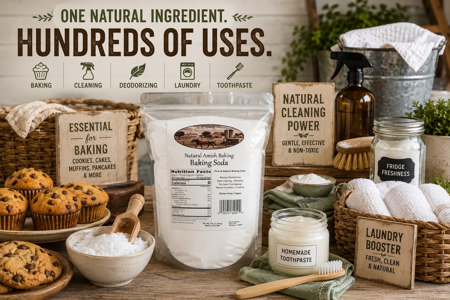 Millstone Acres Natural Baking Soda displayed with baking, cleaning, deodorizing, laundry, and homemade toothpaste applications in a bright farmhouse setting.