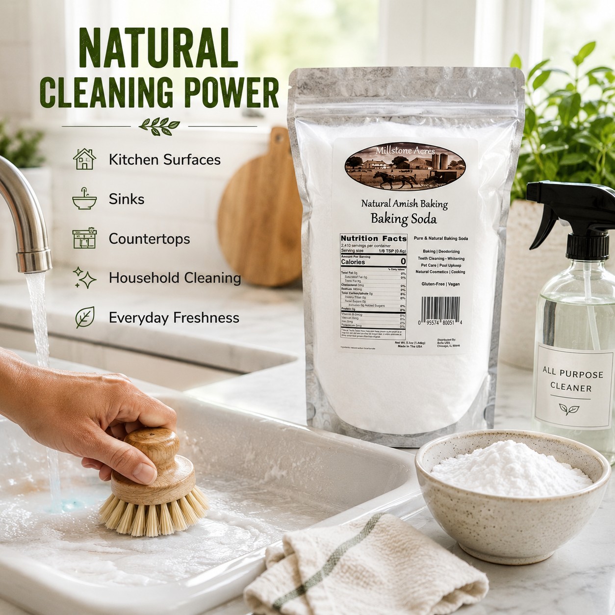 Millstone Acres Natural Baking Soda displayed beside a farmhouse sink, cleaning brush, baking soda powder, and household cleaning supplies.