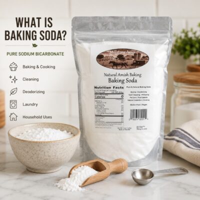 Millstone Acres Natural Baking Soda displayed with baking soda powder, scoop, measuring spoon, and educational information in a bright farmhouse kitchen.