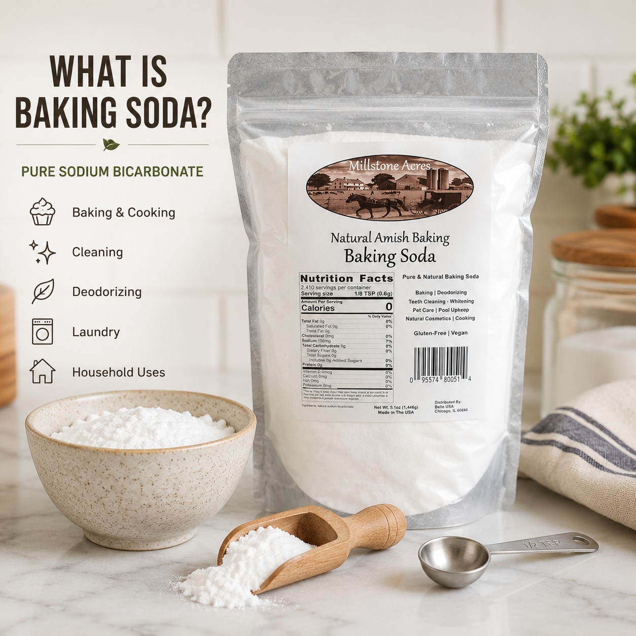 Millstone Acres Natural Baking Soda displayed with baking soda powder, scoop, measuring spoon, and educational information in a bright farmhouse kitchen.