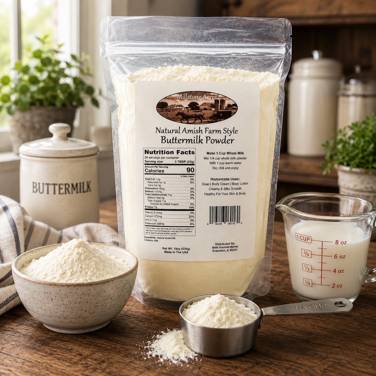 Millstone Acres Natural Buttermilk Powder displayed with a bowl of buttermilk powder, measuring scoop, and prepared buttermilk in a bright farmhouse kitchen.