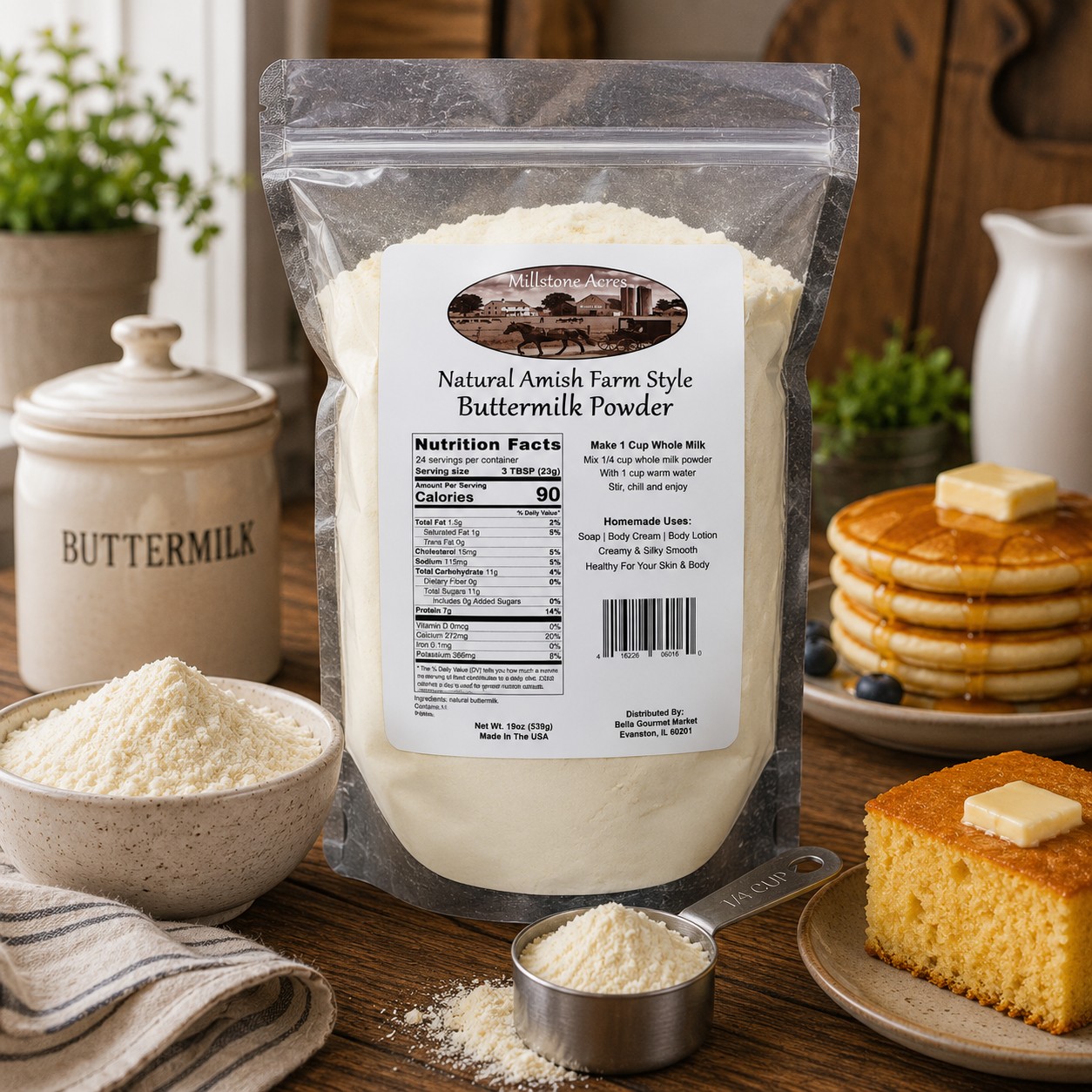 Millstone Acres Natural Buttermilk Powder displayed with homemade biscuits, pancakes, cornbread, and baking ingredients in a bright farmhouse kitchen.