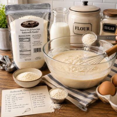 millstone-acres-natural-buttermilk-powder-pancake-batter-square Millstone Acres Natural Buttermilk Powder being mixed into homemade pancake batter with a whisk, eggs, and baking ingredients in a farmhouse kitchen.