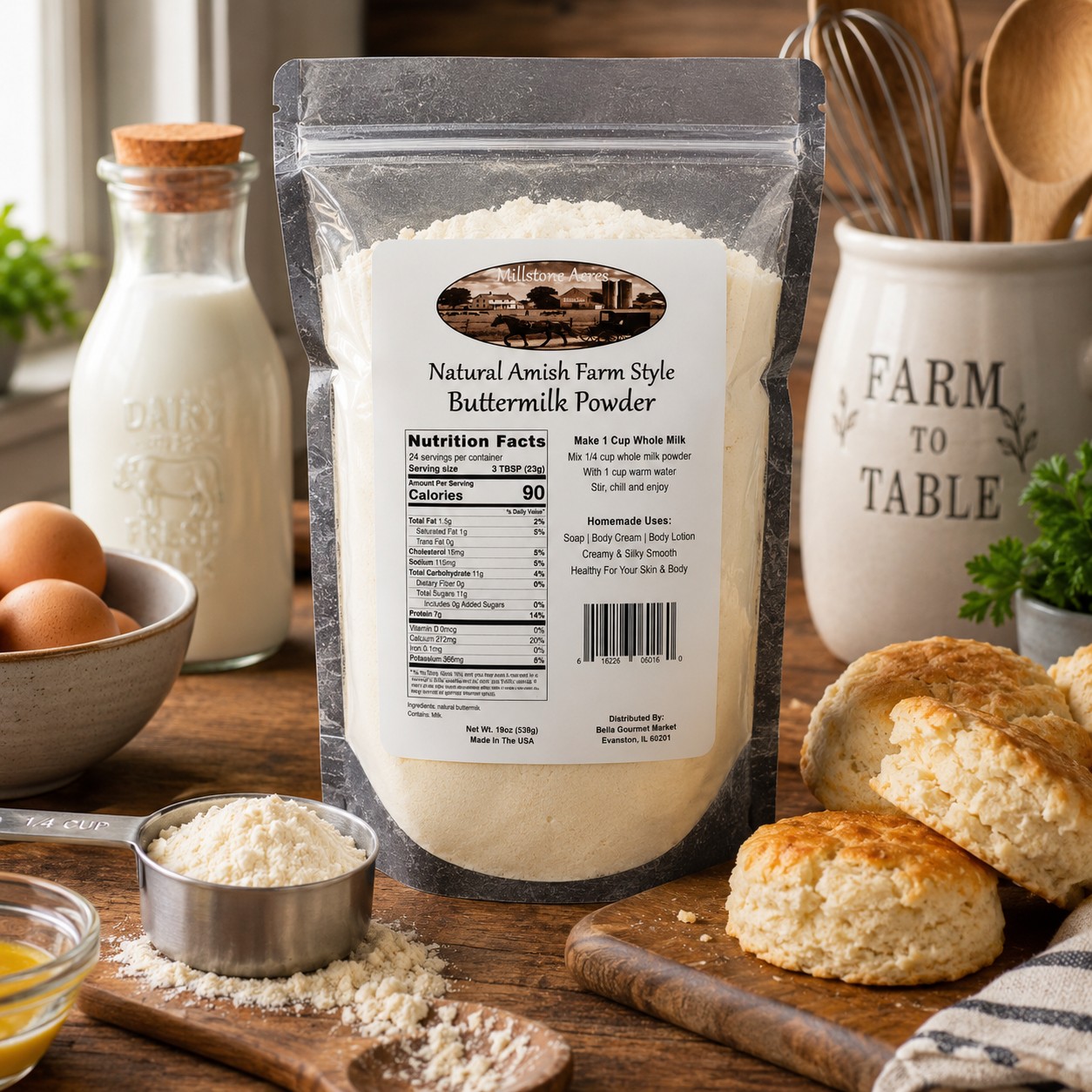 Millstone Acres Natural Buttermilk Powder displayed with baking ingredients, buttermilk powder, eggs, milk, and farmhouse kitchen pantry essentials.