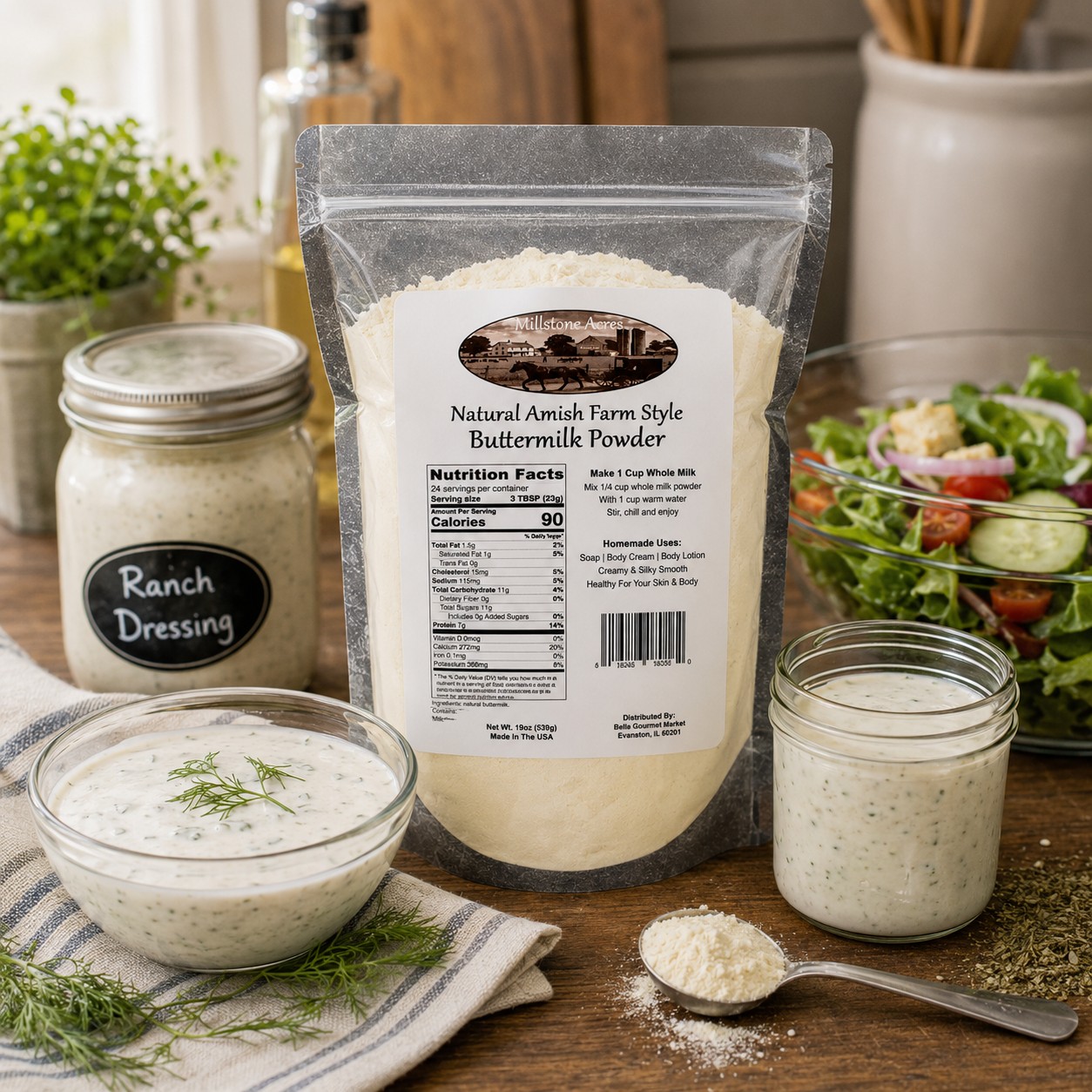 Millstone Acres Natural Buttermilk Powder displayed with homemade ranch dressing, fresh salad, herbs, and savory ingredients in a bright farmhouse kitchen.
