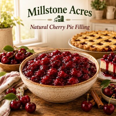 Millstone Acres Natural Cherry Pie Filling in a rustic ceramic bowl with fresh cherries, a lattice cherry pie, and cherry cheesecake in a bright farmhouse kitchen.
