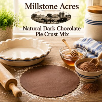Millstone Acres Natural Dark Chocolate Pie Crust Mix ingredients arranged in a bright farmhouse kitchen with an empty ceramic pie pan, thin rolled chocolate pie dough, cocoa powder, honey, rolling pin, and natural baking ingredients.