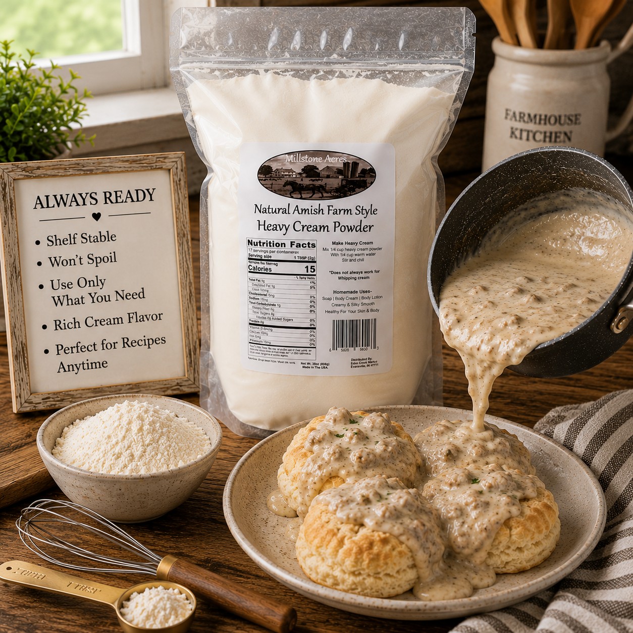 Millstone Acres Natural Heavy Cream Powder displayed with homemade sausage gravy, biscuits, measuring spoon, whisk, and cream powder in a bright farmhouse kitchen.