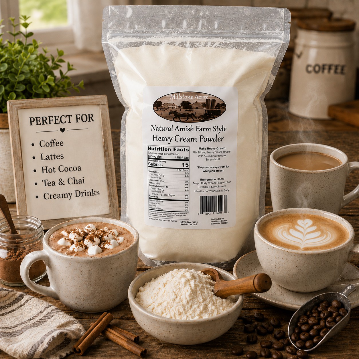 Millstone Acres Natural Heavy Cream Powder displayed with creamy coffee, latte art, hot cocoa, cocoa powder, coffee beans, and cream powder in a farmhouse kitchen.