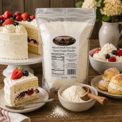 millstone-acres-natural-heavy-cream-powder-desserts-square Millstone Acres Natural Heavy Cream Powder displayed with cream cake, whipped cream desserts, berries, and cream puffs in a farmhouse kitchen.