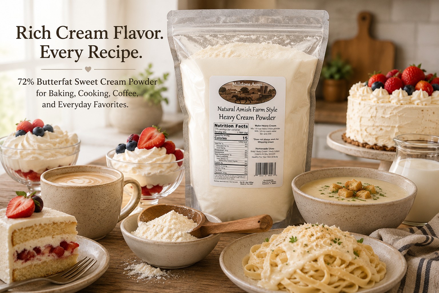 Millstone Acres Natural Heavy Cream Powder displayed with desserts, coffee, creamy pasta, soup, and sweet cream powder in a bright farmhouse kitchen.