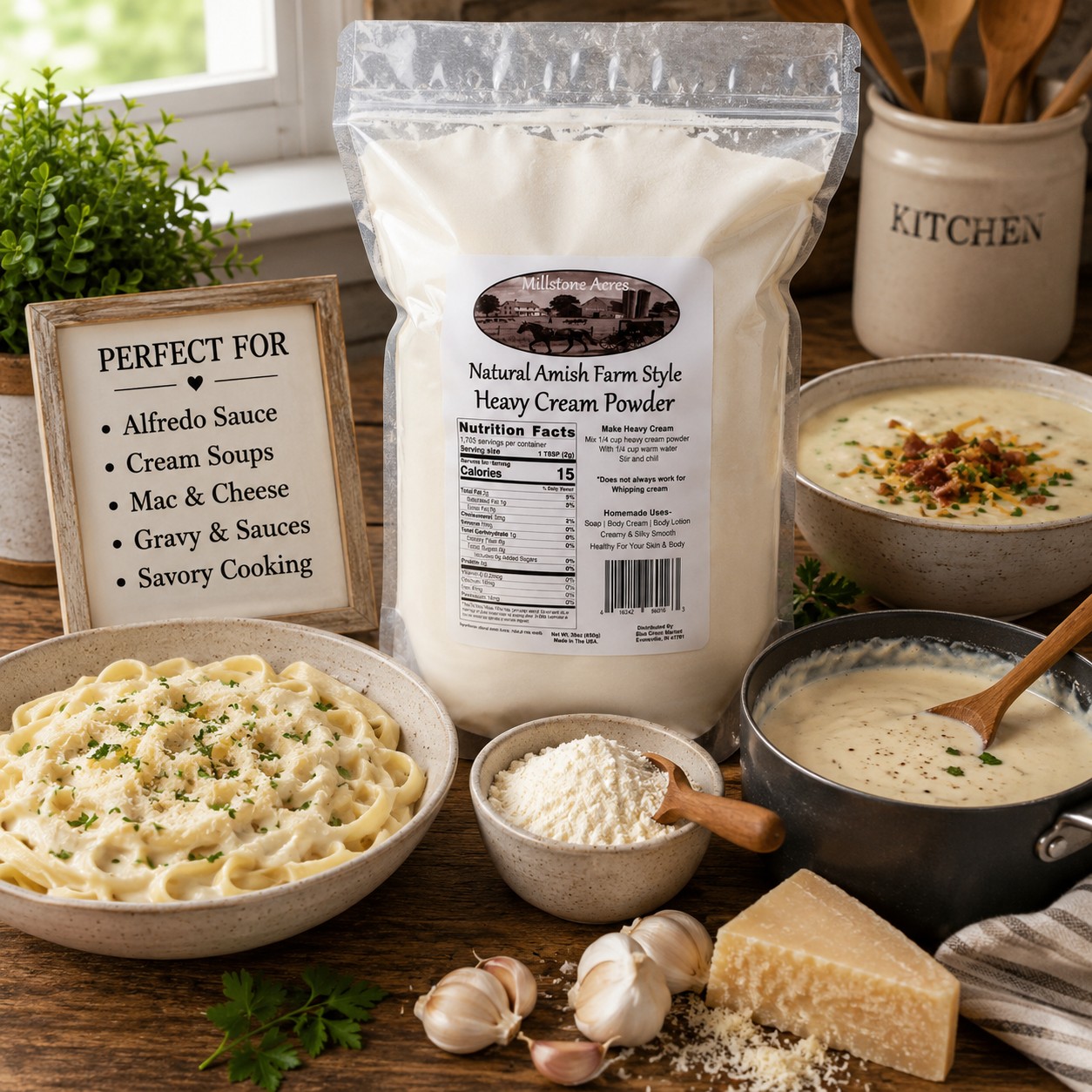 Millstone Acres Natural Heavy Cream Powder displayed with Alfredo pasta, creamy soup, parmesan cheese, garlic, cream sauce, and sweet cream powder in a farmhouse kitchen.