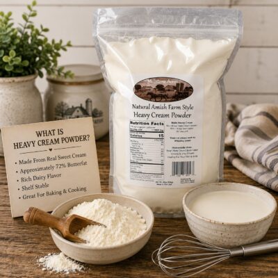 Millstone Acres Natural Heavy Cream Powder displayed with cream powder, scoop, whisk, prepared cream, and educational recipe card in a bright farmhouse kitchen.
