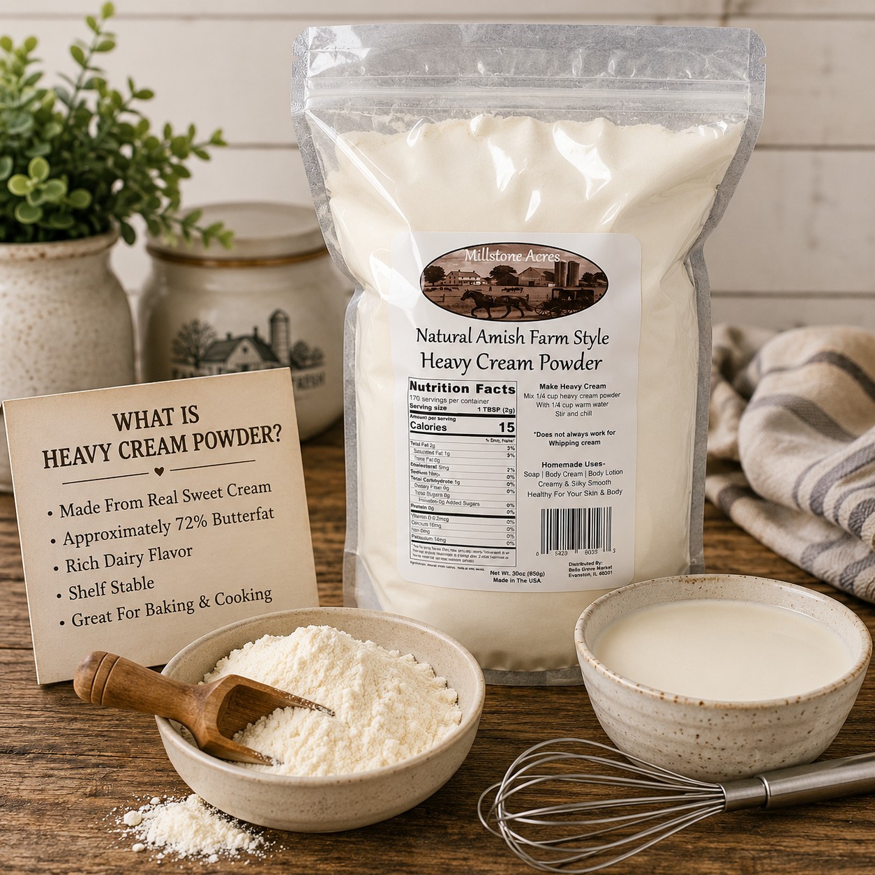 Millstone Acres Natural Heavy Cream Powder displayed with cream powder, scoop, whisk, and prepared heavy cream in a farmhouse kitchen.