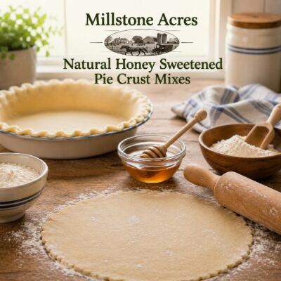 Millstone Acres Natural Honey Sweetened Pie Crust Mixes in a bright farmhouse kitchen with rolled pie dough, an empty pie pan, flour, honey in a glass bowl with a honey dipper, and traditional baking tools.