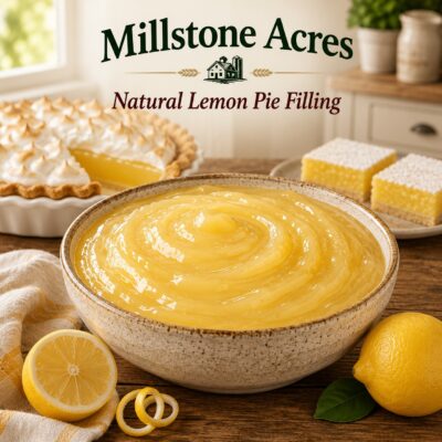 Millstone Acres Natural Lemon Pie Filling in a rustic ceramic bowl with smooth creamy lemon filling, fresh lemons, lemon meringue pie, and lemon bars in a bright farmhouse kitchen.