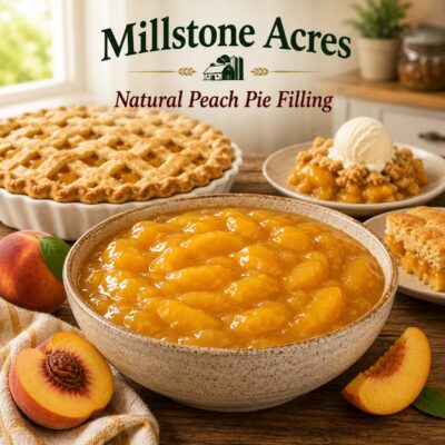 Millstone Acres Natural Peach Pie Filling in a rustic ceramic bowl with fresh peaches, peach pie, peach cobbler, and peach crisp in a bright farmhouse kitchen.