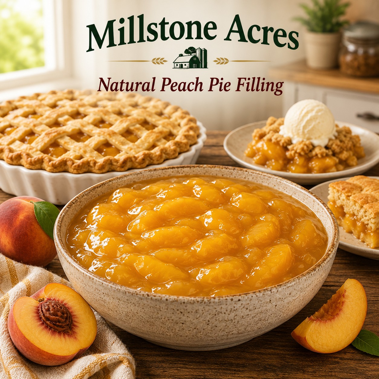 Millstone Acres Natural Peach Pie Filling in a rustic ceramic bowl with fresh peaches, peach pie, peach cobbler, and peach crisp in a bright farmhouse kitchen.
