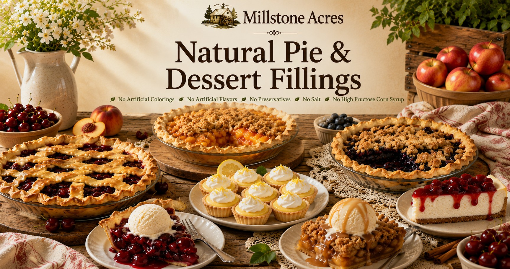 Millstone Acres Natural Pie and Dessert Fillings featuring Cherry, Blueberry, Peach, Lemon, and Spiced Apple pie fillings