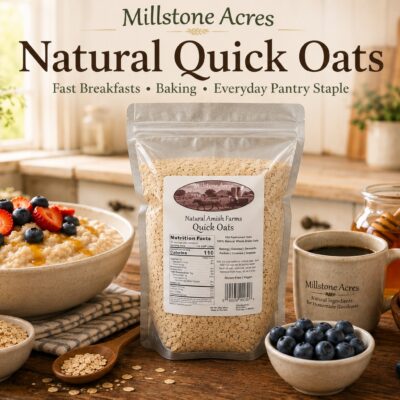 Millstone Acres Natural Quick Oats package with a bowl of oatmeal topped with fresh berries and honey in a bright farmhouse kitchen