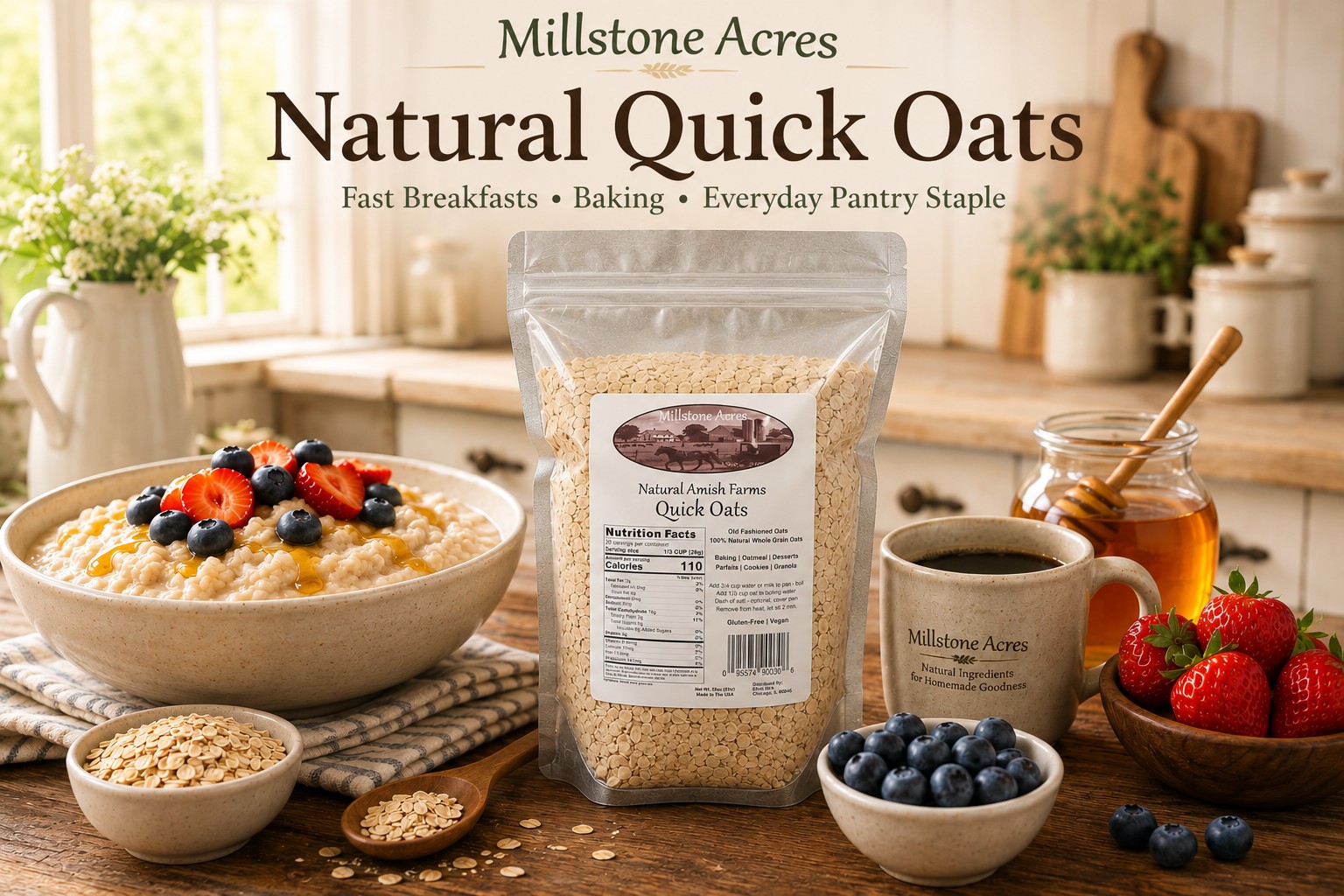 Millstone Acres Natural Quick Oats package with a bowl of oatmeal topped with fresh berries and honey in a bright farmhouse kitchen