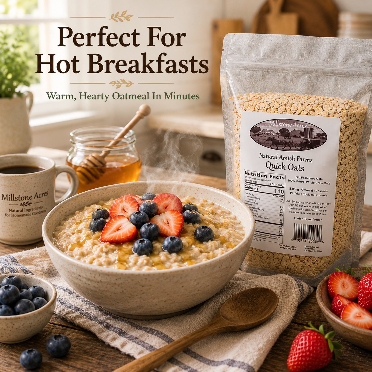 Millstone Acres Natural Quick Oats prepared as a warm breakfast oatmeal topped with berries and honey