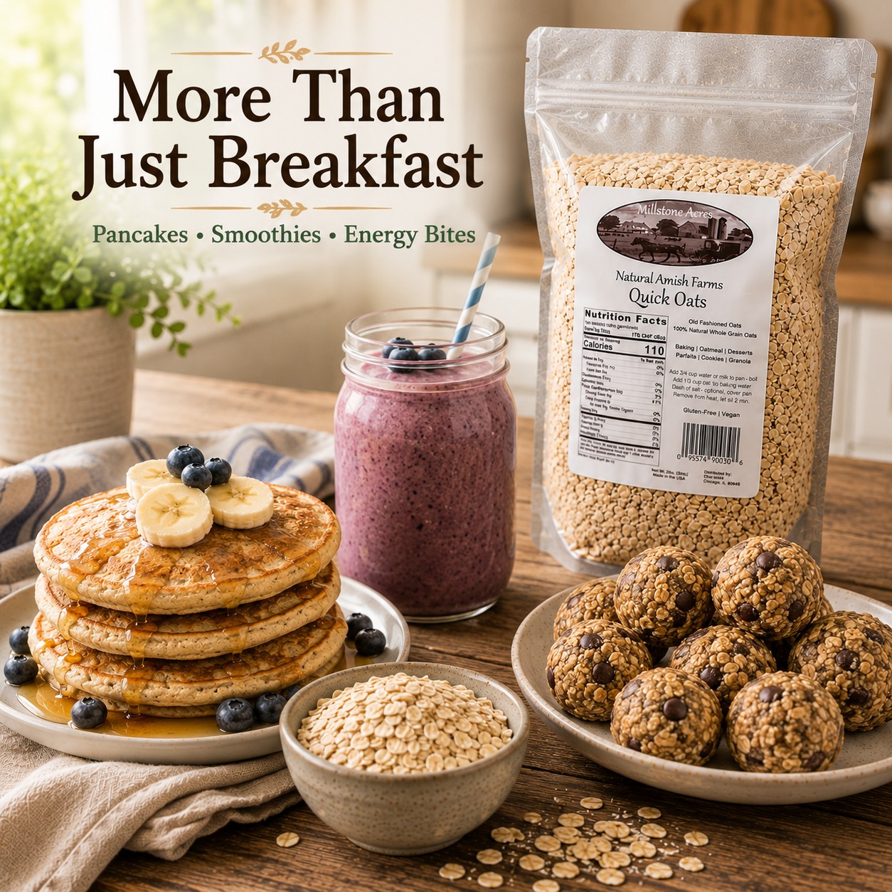Millstone Acres Natural Quick Oats used in pancakes, smoothies, and energy bites