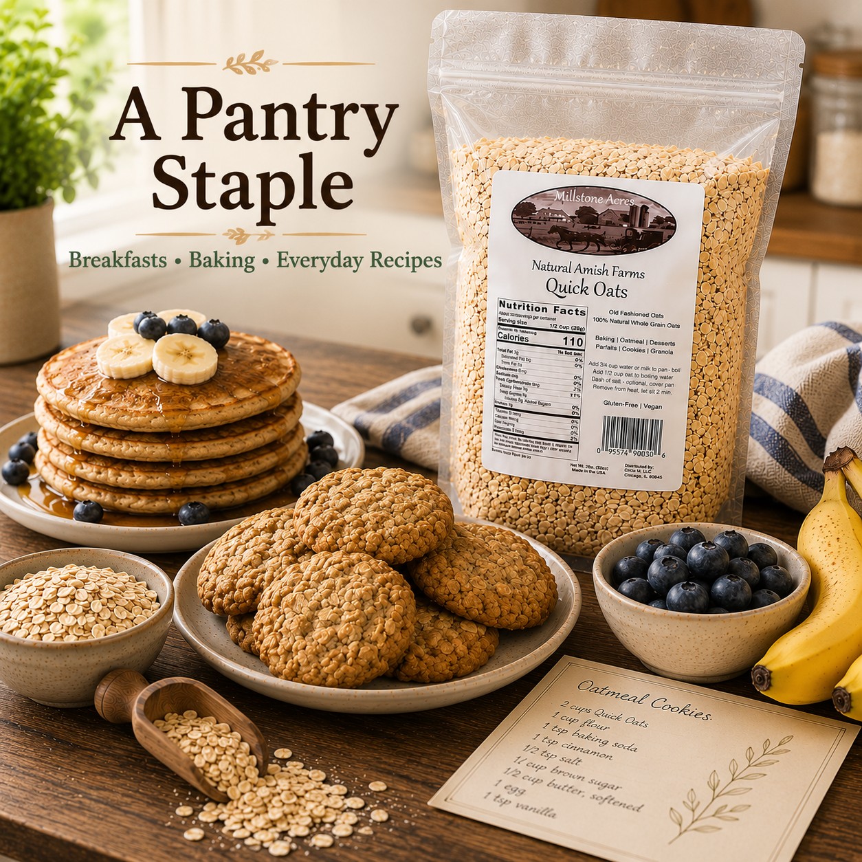Millstone Acres Natural Quick Oats pantry staple ingredient for breakfasts, baking, and everyday recipes