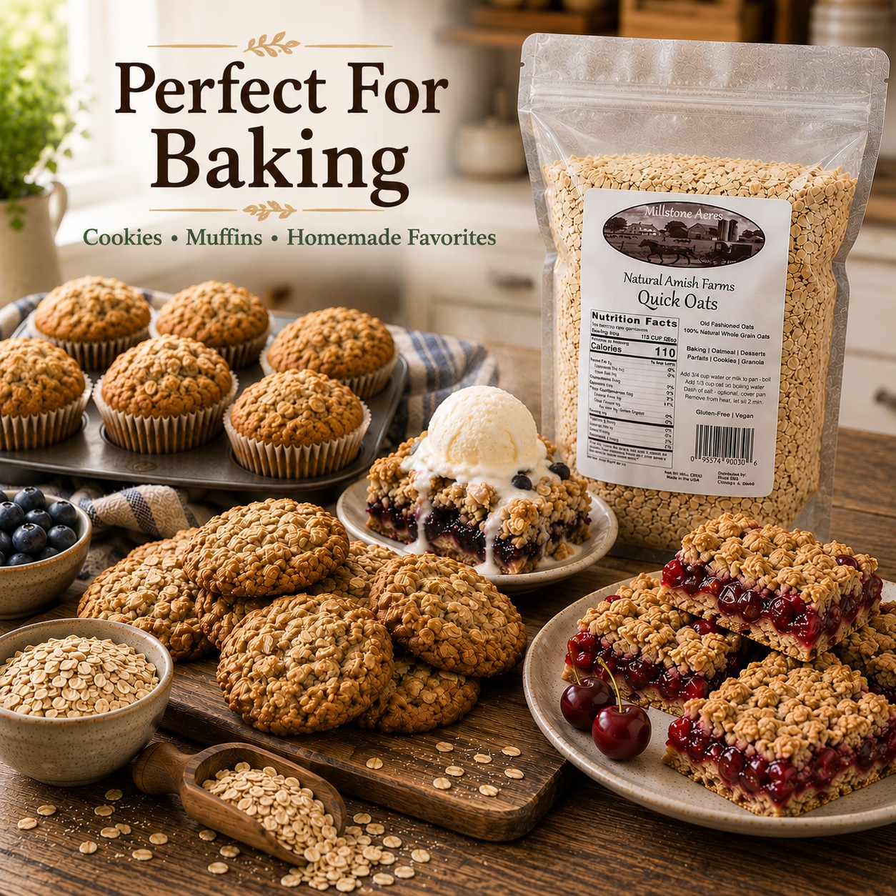 Millstone Acres Natural Quick Oats used in oatmeal cookies, muffins, cherry crisp bars, and baked desserts