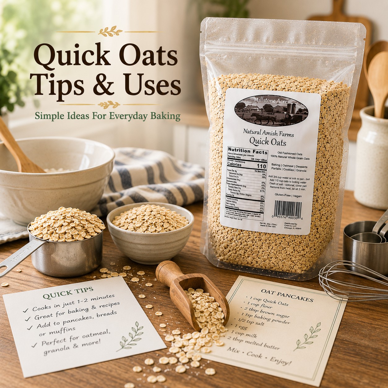 Millstone Acres Natural Quick Oats package with baking tools, measuring cups, recipe cards, and quick oats ready for everyday recipes