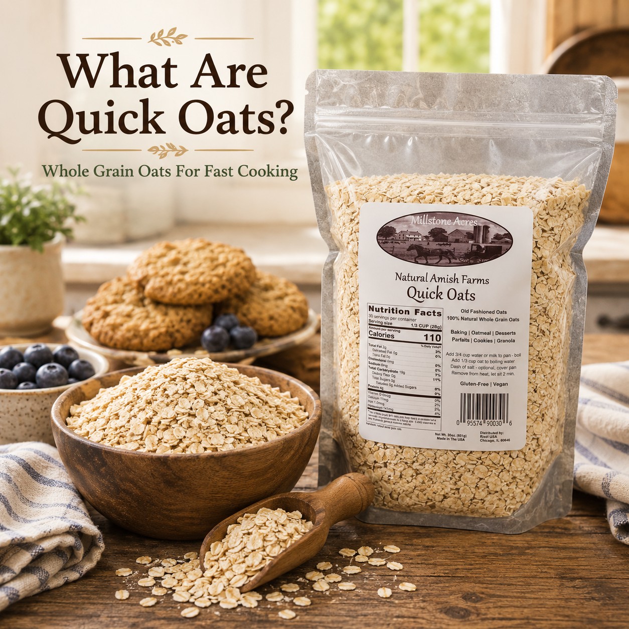 Millstone Acres Natural Quick Oats package with whole grain quick oats in a farmhouse kitchen