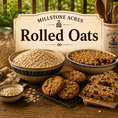 Millstone Acres Natural Rolled Oats category image featuring traditional rolled oats, homemade oat cookies, baked oat bars, fruit crumble, and farmhouse baking ingredients in a warm rustic kitchen.