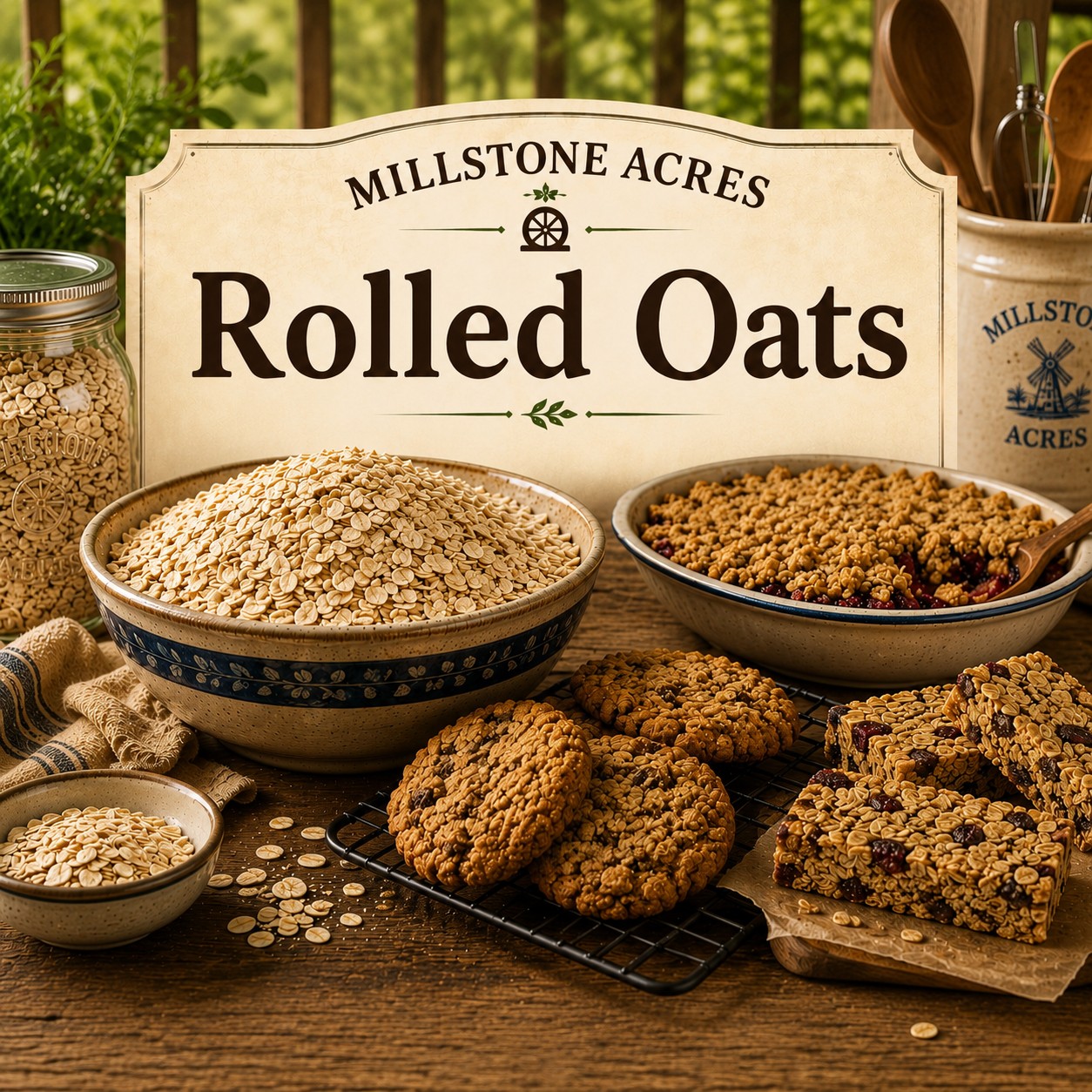 Millstone Acres Natural Rolled Oats category image featuring traditional rolled oats, homemade oat cookies, baked oat bars, fruit crumble, and farmhouse baking ingredients in a warm rustic kitchen.