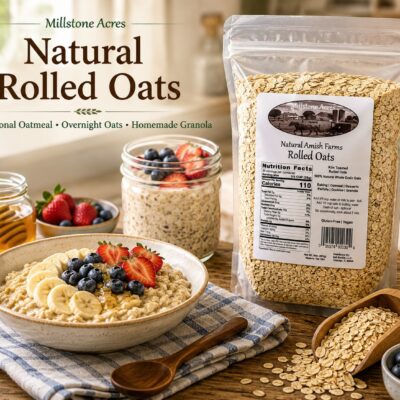 Millstone Acres Natural Rolled Oats package with a hearty bowl of oatmeal, fresh berries, banana slices, honey, and overnight oats in a bright farmhouse kitchen