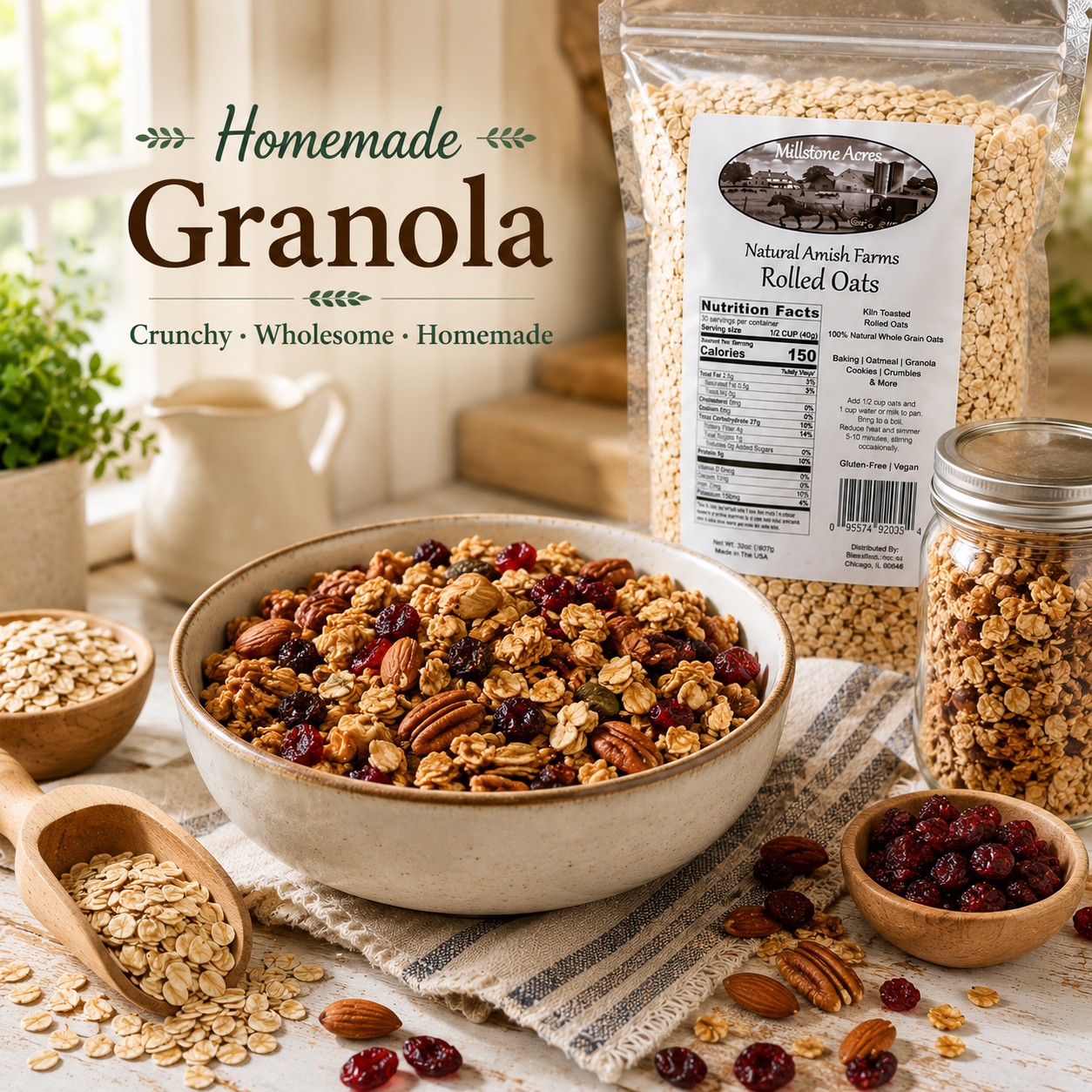 Millstone Acres Natural Rolled Oats used to make homemade granola with nuts and dried fruit