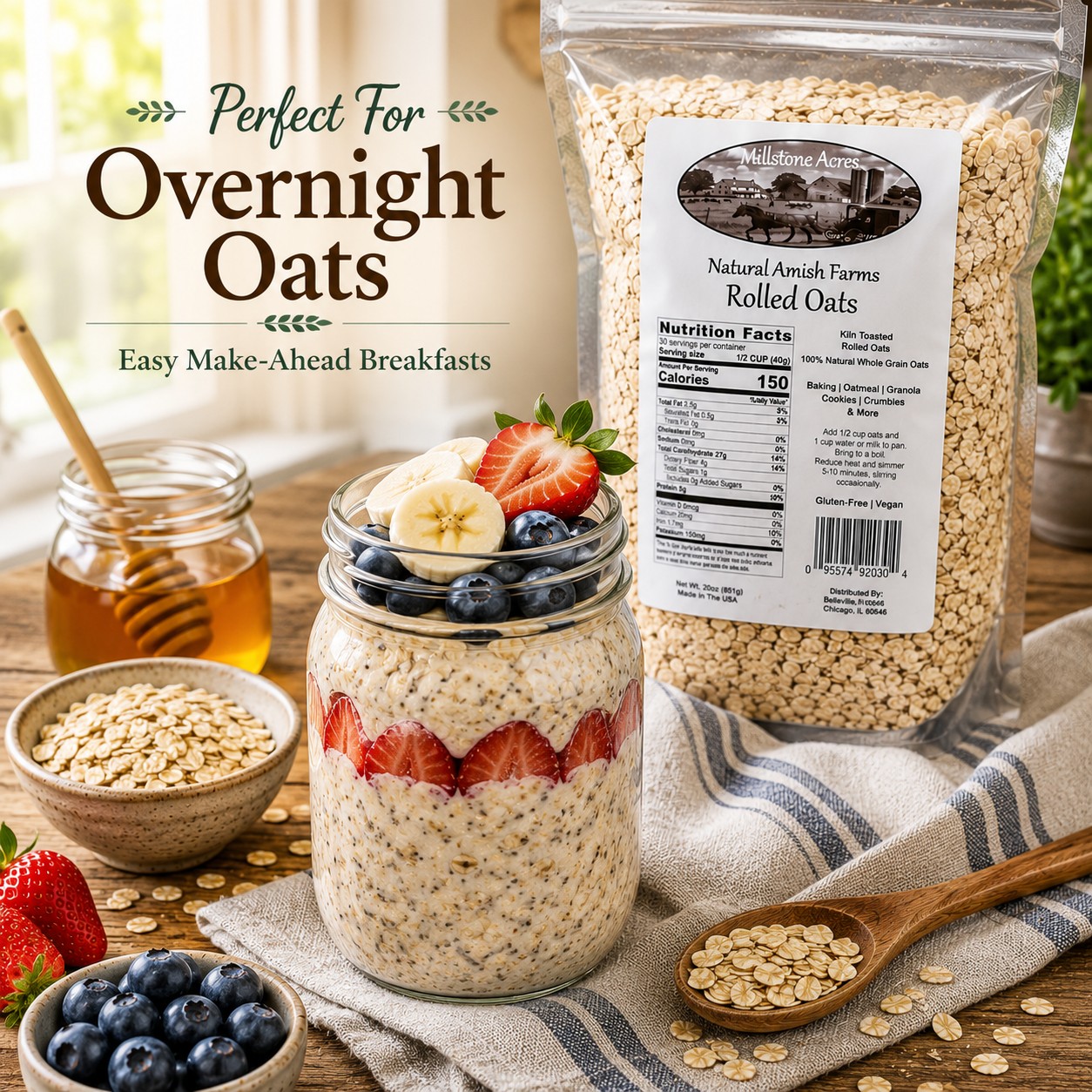 Millstone Acres Natural Rolled Oats prepared as overnight oats with strawberries, blueberries, and bananas