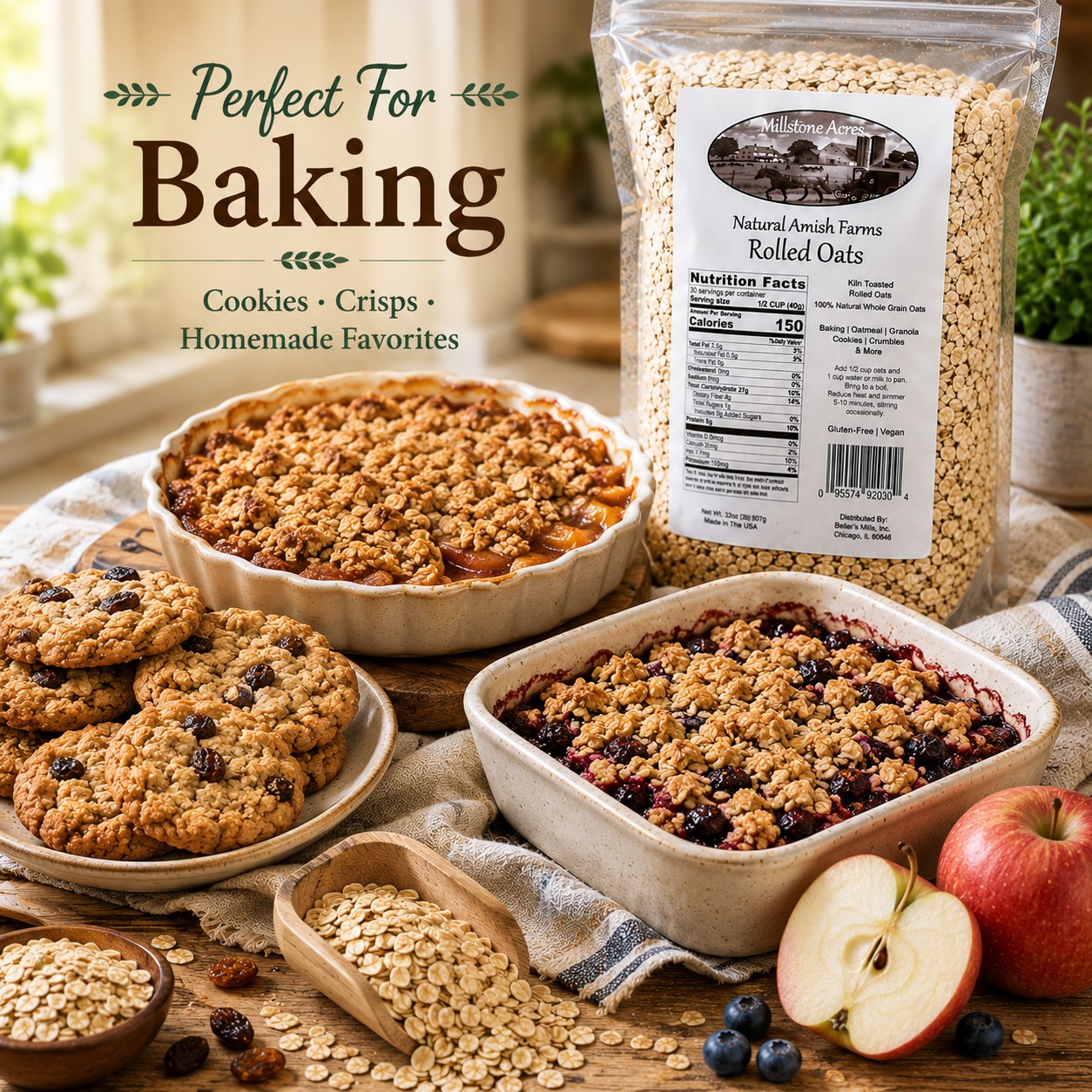 Millstone Acres Natural Rolled Oats used in oatmeal cookies, fruit crisps, and homemade baking recipes