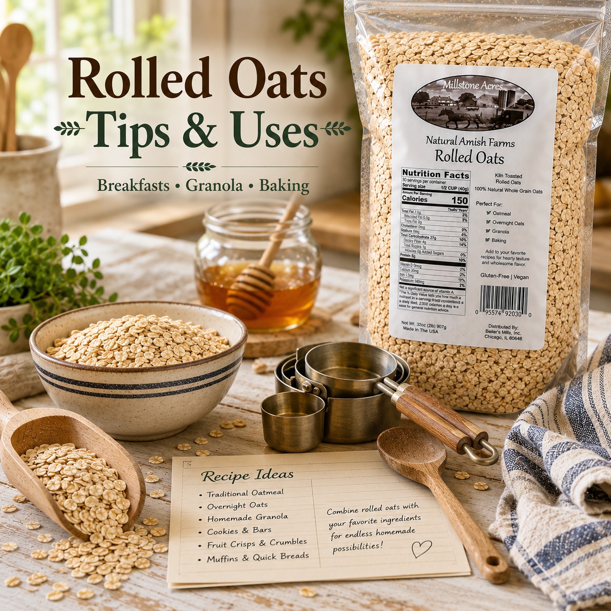 Millstone Acres Natural Rolled Oats package with recipe ideas, measuring cups, baking tools, and rolled oats